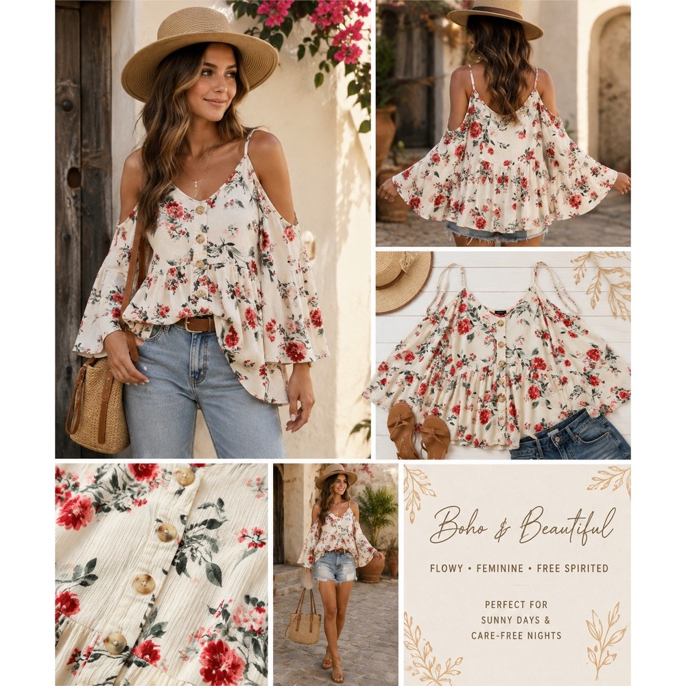 Torrid Floral Cold Shoulder Button Front Babydoll Top Cream Red Size 0